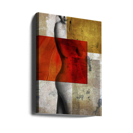 Emma by Rudi Jacobs, gallery-wrapped canvas viewed at an angle; grayscale female figure layered with red and gold-toned blocks.