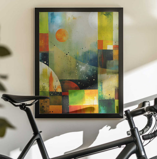 Ethereal Color Play by Miguel Bruzual, black-framed artwork above a bicycle; lime, teal and yellow color fields with small orange discs and dark geometric accents.