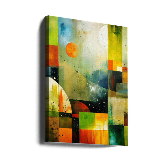 Ethereal Color Play by Miguel Bruzual, gallery-wrapped canvas viewed at an angle; lime, teal and yellow color fields with small orange discs and dark geometric accents.