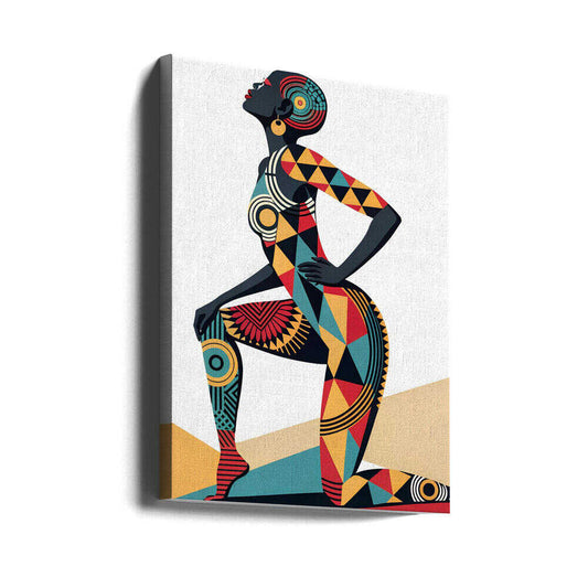 Ethnic Echoes by Miguel Bruzual, gallery-wrapped canvas viewed at an angle; a dark figure filled with colorful triangles, circles and radiating patterns.