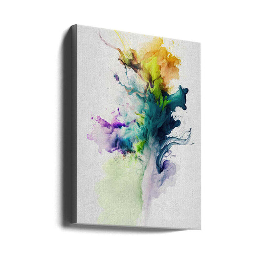 Evaporation by Mauro, gallery-wrapped canvas viewed at an angle; rising teal and yellow abstraction with violet wisps.