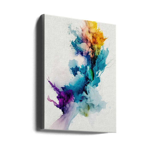 Everything from Blue Tones by Mauro, gallery-wrapped canvas viewed at an angle; flowing blue and turquoise color with purple and amber bursts.