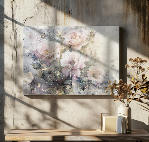 Faded Roses 36" X 24" Floral Art Illustration Varnished Canvas Print