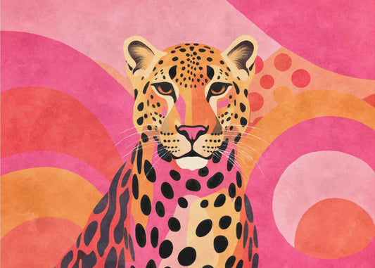 Fancy Cheetah 001 by Andrea Haase, front view of the artwork; spotted big cat portrait against pink and orange abstract curves.