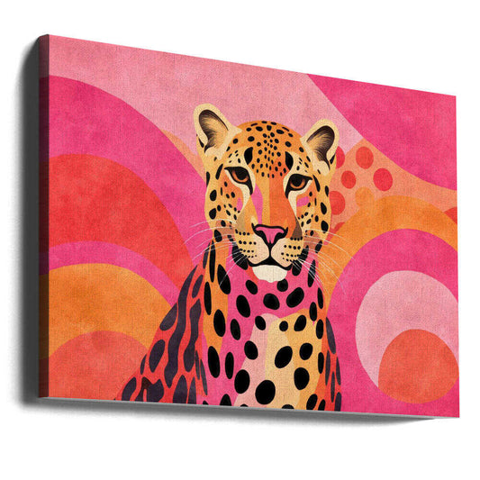 Fancy Cheetah 001 by Andrea Haase, gallery-wrapped canvas viewed at an angle; spotted big cat portrait against pink and orange abstract curves.