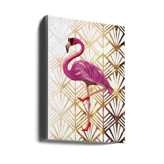 Flamingo Art Deco by Sarah Manovski, gallery-wrapped canvas viewed at an angle; a bright pink flamingo wearing sunglasses against a gold-toned geometric pattern.