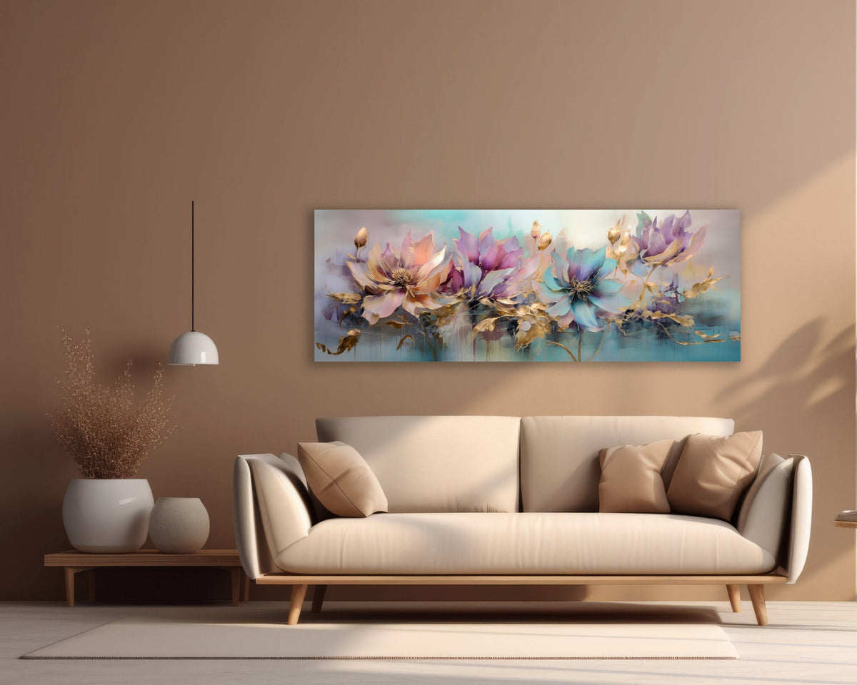 Floral Symphony — canvas above a cream sofa