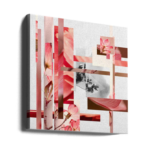 Flowers and Buds, No.1 by Pelin Atilla, gallery-wrapped canvas viewed at an angle; pink petals and a grayscale flower panel separated by white space and slim bars.
