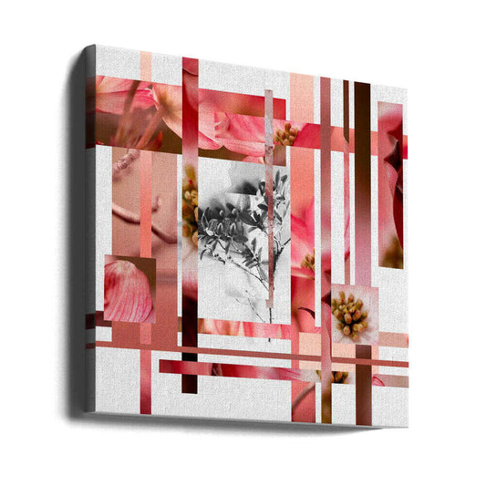 Flowers and Buds, No.2 by Pelin Atilla, gallery-wrapped canvas viewed at an angle; pink flower close-ups and a grayscale botanical panel arranged within vertical strips.
