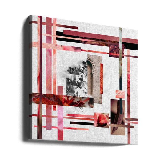 Flowers and Buds, No.3 by Pelin Atilla, gallery-wrapped canvas viewed at an angle; red and pink floral fragments framing a grayscale botanical panel with crossing bars.