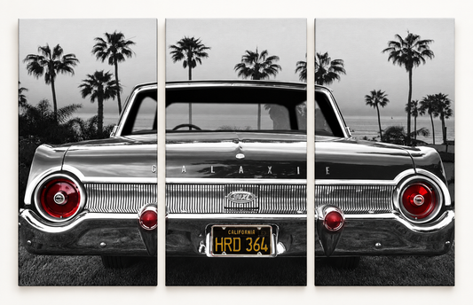 Ford Galaxie 500XL shown across 3 gallery-wrapped canvas panels; illustrative front-view mockup