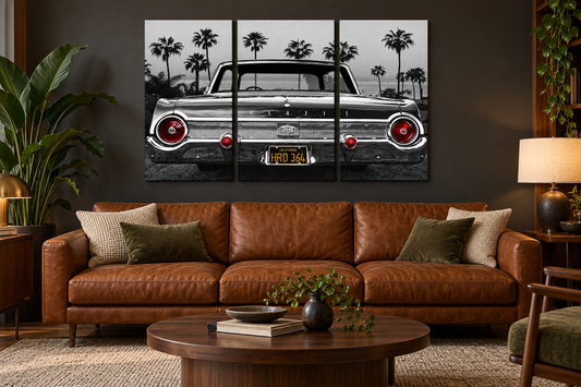 Ford Galaxie 500XL 3-panel canvas set in an illustrative furnished room; refer to the size guide for dimensions