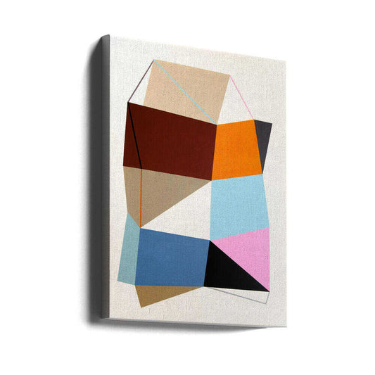 Geo 2.0 (2020) by Ildefonso Martín, gallery-wrapped canvas viewed at an angle; an angular stack of red, orange, blue, cyan, pink and black geometric planes.