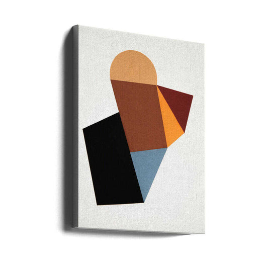 Geo 57 (2022) by Ildefonso Martín, gallery-wrapped canvas viewed at an angle; overlapping ochre, rust, orange, blue and black angular shapes with a rounded top.
