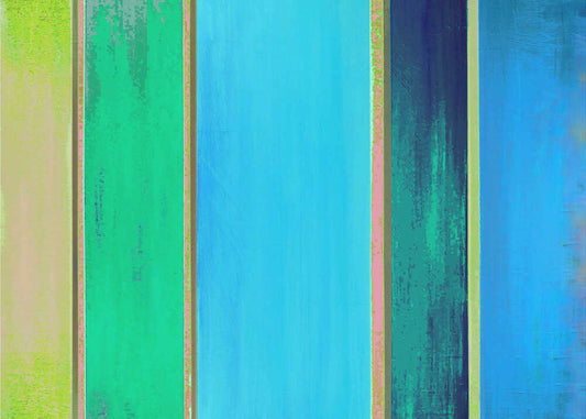 Geo 9 by Vanessa Ryan, front view of the artwork; vertical lime, teal, turquoise and blue bands divided by fine warm-colored lines.
