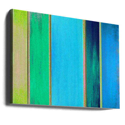 Geo 9 by Vanessa Ryan, gallery-wrapped canvas viewed at an angle; vertical lime, teal, turquoise and blue bands divided by fine warm-colored lines.
