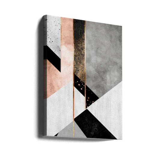 Geo Abstract 1 by Bilge Paksoylu, gallery-wrapped canvas viewed at an angle; gray, blush and white geometric planes with black accents.