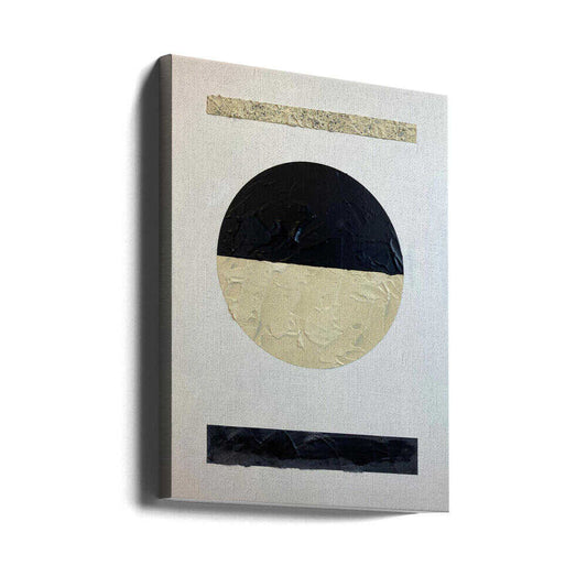 Geometria Y Texturas 2 by David Galan, gallery-wrapped canvas viewed at an angle; a circle divided into black and pale cream halves between two horizontal bars.