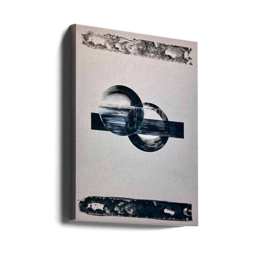 Geometria Y Texturas 3 by David Galan, gallery-wrapped canvas viewed at an angle; overlapping black-and-white brushed circles crossed by a dark horizontal band.