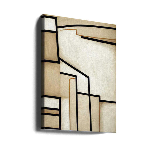 Geometric Abstract by Bilge Paksoylu, gallery-wrapped canvas viewed at an angle; cream geometric panels divided by black angular lines.