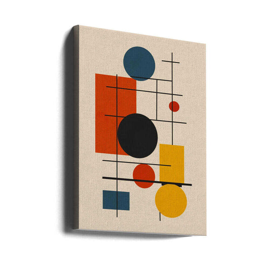 Geometric Abstract Design With Intersecting by Little Dean, gallery-wrapped canvas viewed at an angle; blue, charcoal, red and yellow circles and rectangles crossed by fine black lines.