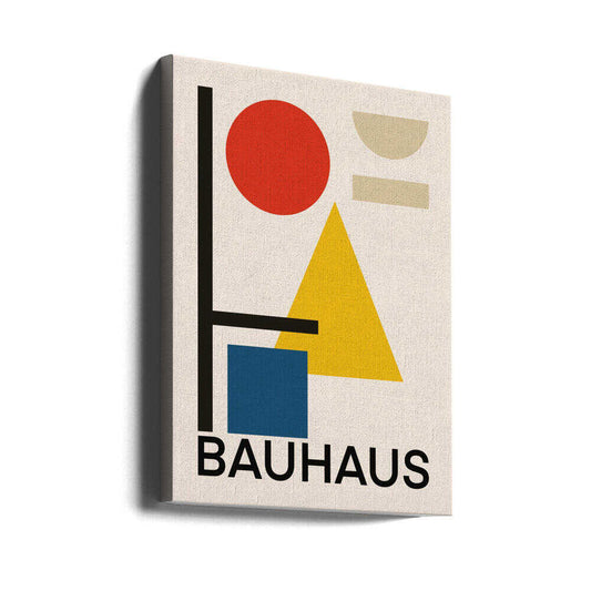 Geometric Bauhaus Design #2 by Little Dean, gallery-wrapped canvas viewed at an angle; a red circle, yellow triangle, blue block and black lines above BAUHAUS lettering.