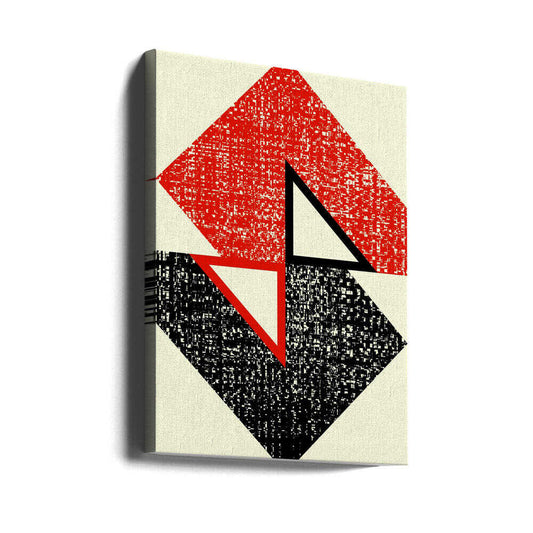 Geometric Contrast by Petr Strnad, gallery-wrapped canvas viewed at an angle; distressed red and black diamond-like forms with opposing pale triangular openings.