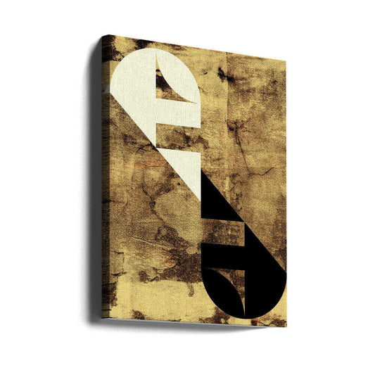 Geometric Echoes by Petr Strnad, gallery-wrapped canvas viewed at an angle; opposing cream and black angular curves on a mottled ochre background.