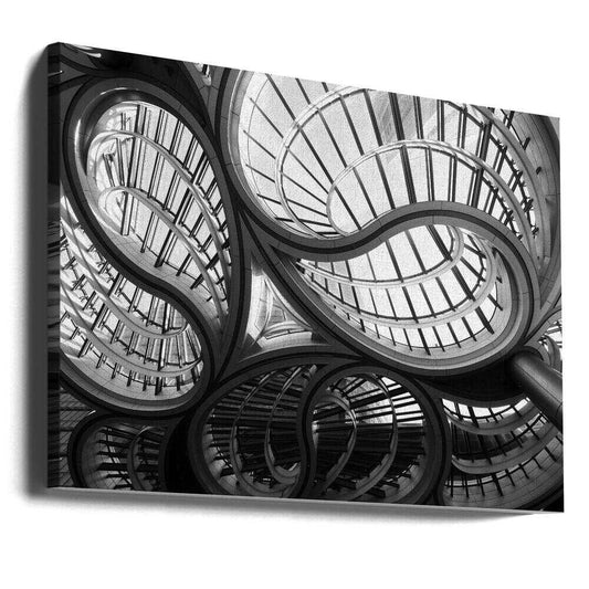 geometric entrance by 中林　光次, gallery-wrapped canvas viewed at an angle; looping architectural curves and a repeating glazed roof grid in black and white.