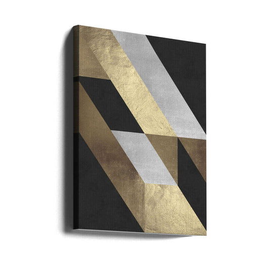 Geometric Gold Flow by Vitor Costa, gallery-wrapped canvas viewed at an angle; slanting gold-toned and silver-gray bands across a dark geometric background.