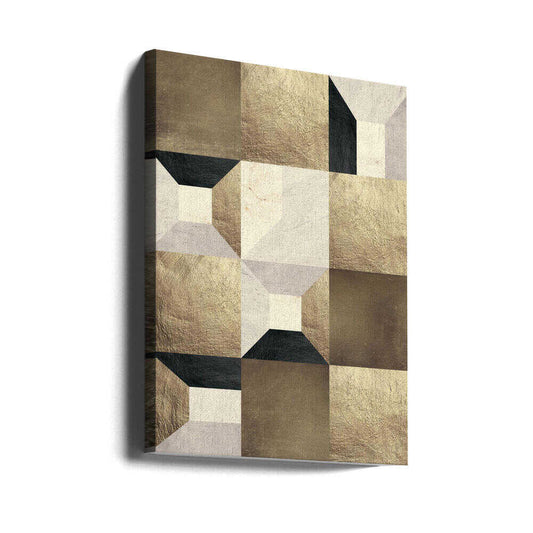Geometric Gold Rhythm by Vitor Costa, gallery-wrapped canvas viewed at an angle; gold-toned, gray and black geometric planes arranged in a layered vertical pattern.
