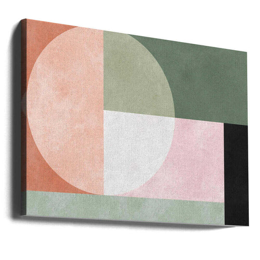 Geometric harmony 4 by Vitor Costa, gallery-wrapped canvas viewed at an angle; a pale segmented circle over salmon, sage-green and pink rectangular fields.