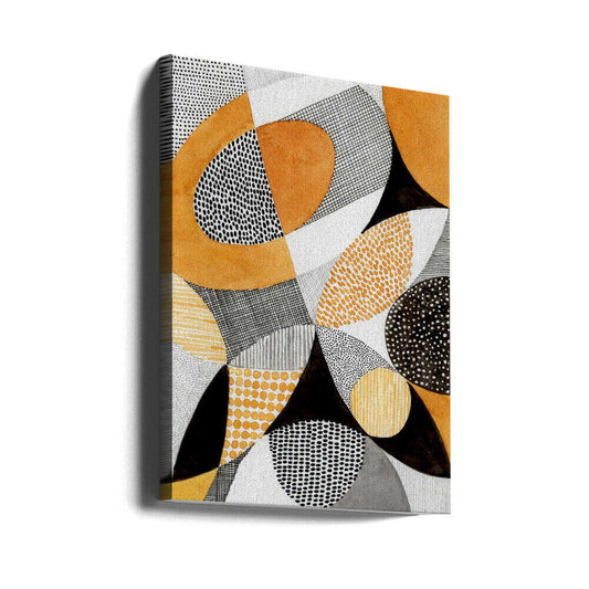 Geometric Harmony by Susan Black, gallery-wrapped canvas viewed at an angle; overlapping gold, gray and black curved shapes filled with dots and fine patterns.