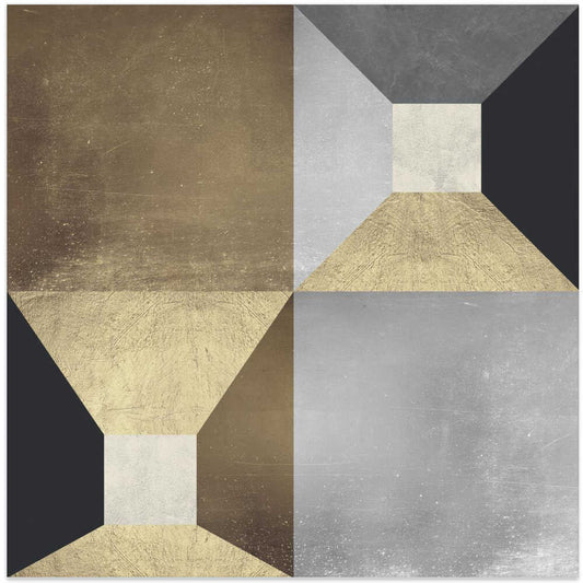 Geometric Illusions by Vitor Costa, front view of the artwork; gold-toned and gray trapezoids meeting around pale squares in a geometric arrangement.