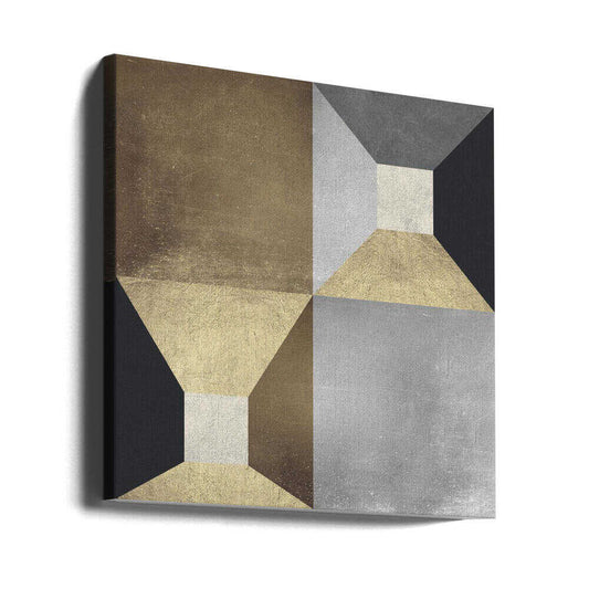 Geometric Illusions by Vitor Costa, gallery-wrapped canvas viewed at an angle; gold-toned and gray trapezoids meeting around pale squares in a geometric arrangement.