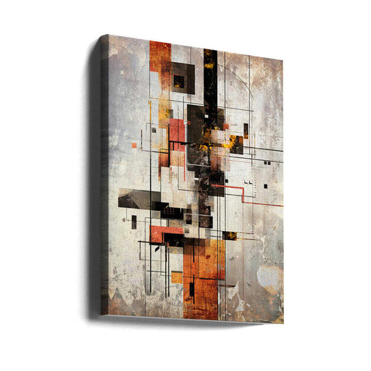 Geometric Illustration 04 by Rafal Kulik, gallery-wrapped canvas viewed at an angle; orange and black rectangular blocks interwoven with fine architectural grid lines.