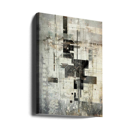 Geometric Illustration 06 by Rafal Kulik, gallery-wrapped canvas viewed at an angle; layered charcoal rectangles and delicate grid lines over a pale weathered background.