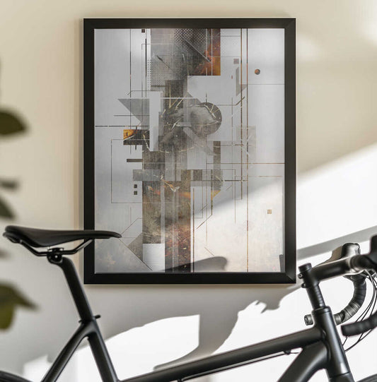 Geometric Illustration 07 by Rafal Kulik, black-framed artwork above a bicycle; slender gray geometric blocks and fine grid lines with small warm accents.