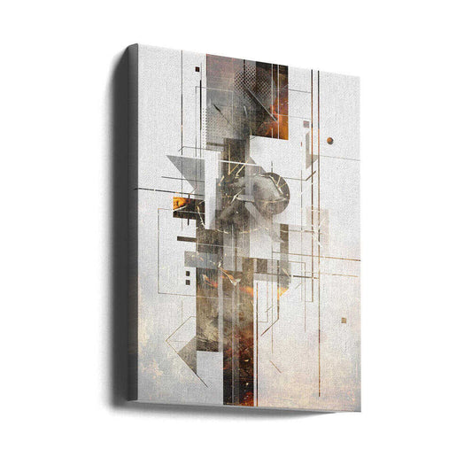 Geometric Illustration 07 by Rafal Kulik, gallery-wrapped canvas viewed at an angle; slender gray geometric blocks and fine grid lines with small warm accents.