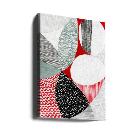 Geometric Patterns And Vivid Colors by Susan Black, gallery-wrapped canvas viewed at an angle; red, gray, white and black curved shapes filled with dots and linear patterns.