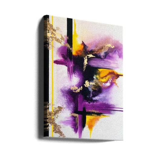 Geometric Purple and Yellow by Alyson Storms, gallery-wrapped canvas viewed at an angle; purple and yellow brush-like bursts crossed by black lines.
