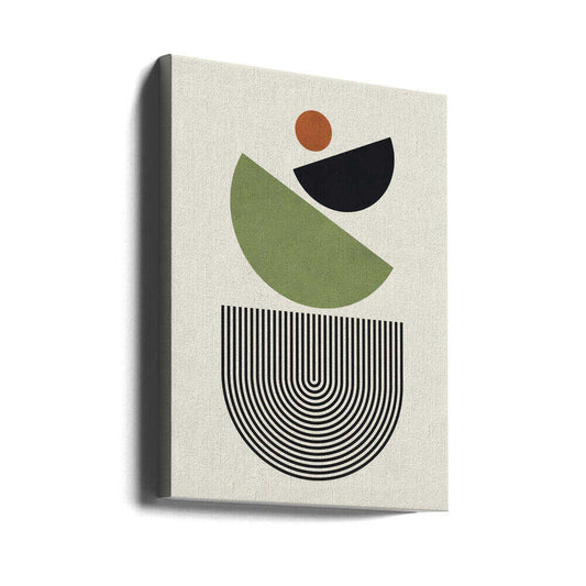 Geometric Shapes in Green Black and Orange by Vitor Costa, gallery-wrapped canvas viewed at an angle; green and black tilted semicircles beneath a small orange circle above nested U-shaped lines.