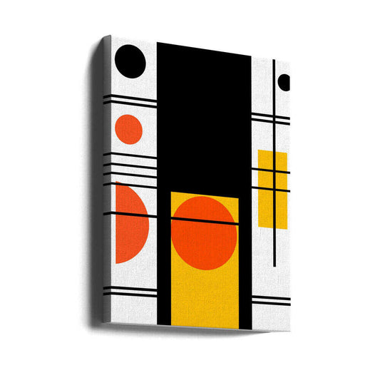 Geometric Shapes by Nicholas, gallery-wrapped canvas viewed at an angle; a tall black panel with orange circles, yellow rectangles and fine intersecting lines.