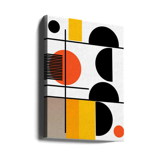 Geometric Shapes by Nicholas, gallery-wrapped canvas viewed at an angle; stacked black semicircles with orange circles, yellow blocks and fine black lines.
