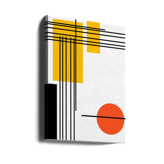 Geometric Shapes by Nicholas, gallery-wrapped canvas viewed at an angle; fine black intersecting lines with yellow rectangles and an orange circle on white.