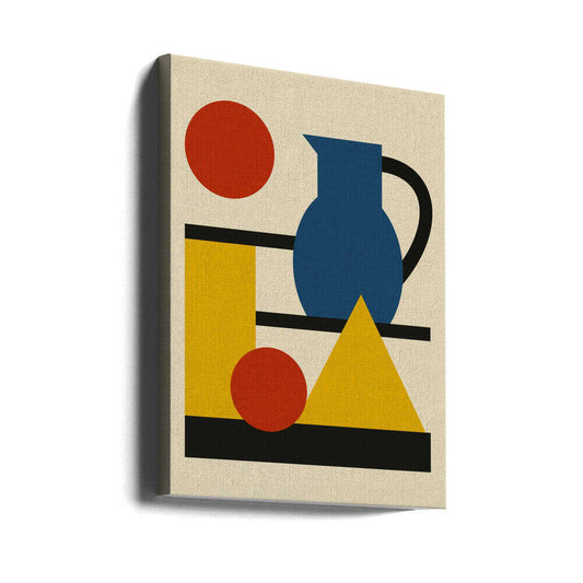 Geometric Shapes and Pitcher by Little Dean, as a gallery-wrapped canvas, viewed at an angle; a blue pitcher with red circles, yellow geometric shapes and black lines on cream.