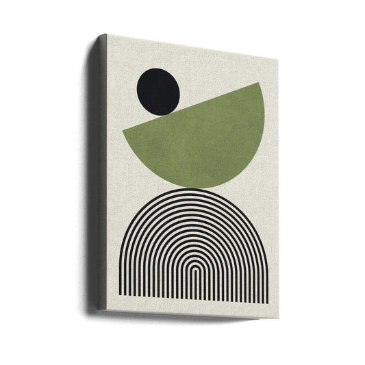 Geometric Shapes with a Black Circle by Vitor Costa, gallery-wrapped canvas viewed at an angle; a black circle above a tilted green semicircle and fine nested black arches.