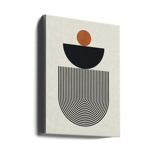 Geometric Shapes with a Black Semicircle by Vitor Costa, gallery-wrapped canvas viewed at an angle; an orange circle above a black semicircle and fine nested U-shaped lines.
