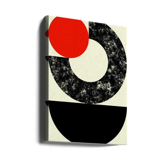 Geometric Shapes with a Bold Red Circle by Petr Strnad, gallery-wrapped canvas viewed at an angle; a red circle overlapping a distressed black ring above a solid black semicircle.