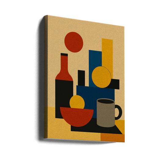 Geometric Still Life with Bottle 02 by Little Dean: gallery-wrapped canvas viewed at an angle, showing a red-and-black bottle, red bowl and gray mug among blue and yellow geometric shapes.